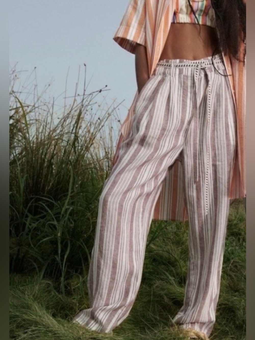 Lemlem Pink & White Striped Wide-Leg Linen Pants size M